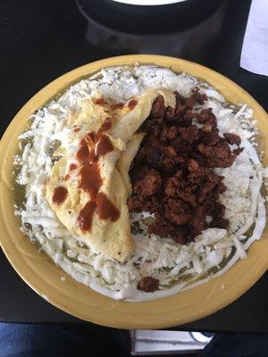 Chilaquiles Verdes with Chorizo and scrambled eggs