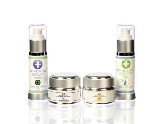 CBD Beauty Items. Day cream, night cream, eye and face serums