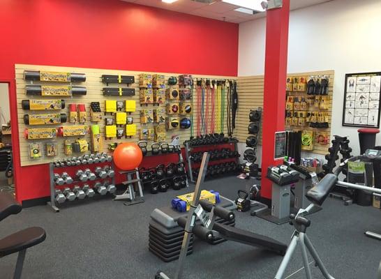 Full selection of fitness accessories by TRX, GoFit, Spri, etc.  We also have a selection of free weights including plates and dumbbells.