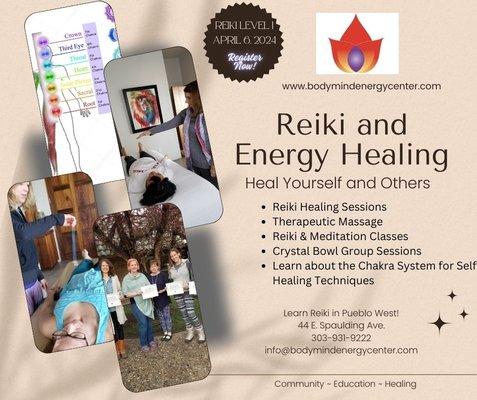 Reiki Certification Classes held every month at Body Mind Energy Center in Pueblo West, CO.
www.bodymindenergycenter.com