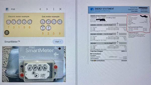 PG&E Meter Read vs. Bill Summary