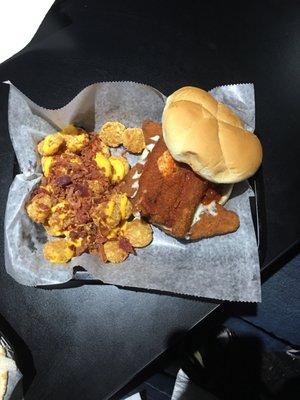 Chicken parm sandwich with loaded tater tots