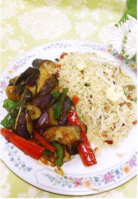 Combo: eggplant with brown sauce / pork fried rice .