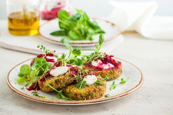 Quinoa Patties with Cashew Cream and Pickled Beets