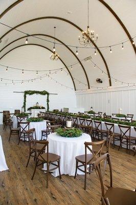 The loft area set up for a luncheon.