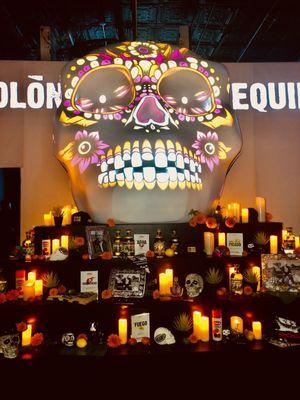 The altar with the sugar skull as the center piece for the Day of the Dead decorations