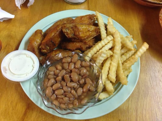 Wings, Pinto beans, and fries