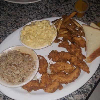 Chicken fingers dinner w/mac n cheese, fries, & rice & gravy