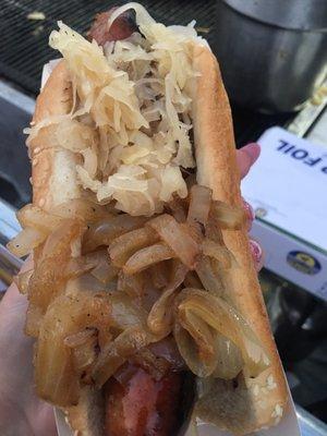 Polish with half sauerkraut and half onions