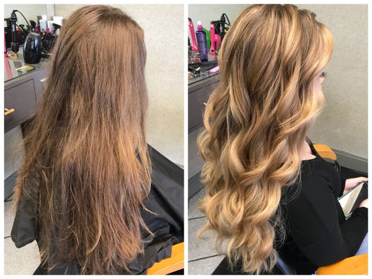 Before and after. Blonde Balayage done by colorist Rebecca Martin.