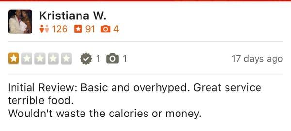 Kristiana the owner was upset that we provided negative feedback and instead of reaching out and trying to make things right