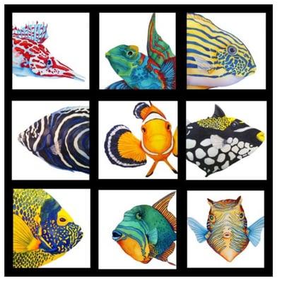 Fish Faces, 10"x10" paintings for $75 or 3 for $200. They're colorful and happy!