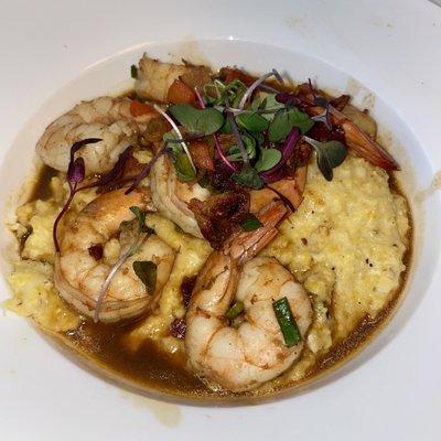 Brunch Specialties:  SHRIMP & GRITS: jumbo shrimp, New Orleans bbq sauce, lardon, green onion, red bell pepper, creamy logan turnpike grits