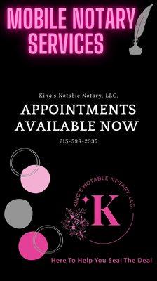 Mobile Notary Services Available 
215-598-2335
kingsnotablenotary@gmail.com