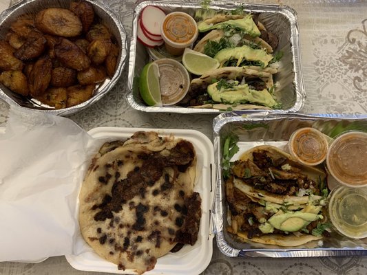 3 Tacos de Carne Asada, Tacos al Pastor, Platanos Fritos, and Pupusa Loca