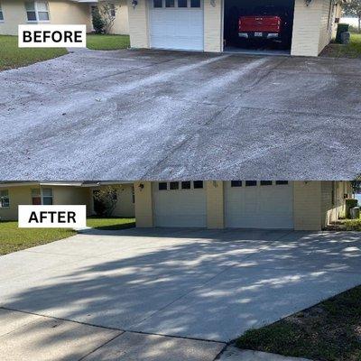 Before & after pressure washing a driveway in Belle Isle.