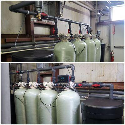 Commercial water softening system capable of up to 100 gpm while providing 24/7 treated water.