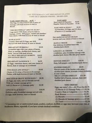 Menu with updated pricing