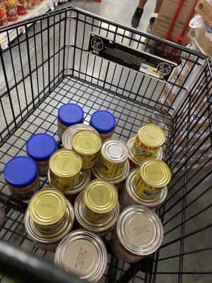 Canned food from Smart and Final for the Fill the Food Bank Event. Peanut butter, tomato sauces and El Pato sauce.