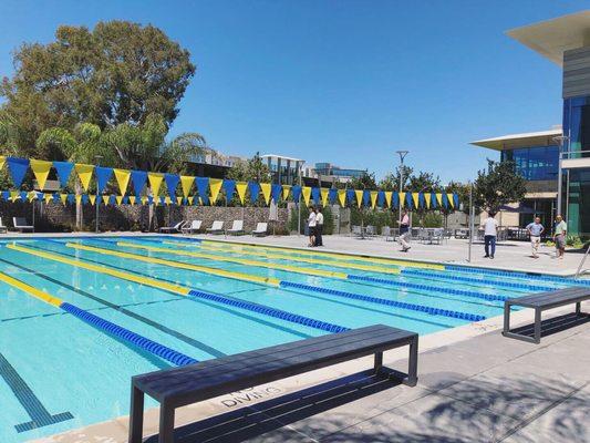 Pool plus a big outdoor lounge area and outdoor (and indoor) showers with a quick dryer to dry your suits!