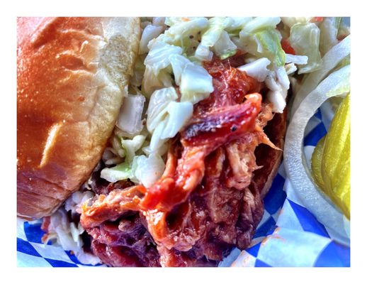 Pig Sammich! (Pulled Pork w/Coleslaw)pretty Good! Big Mama's BBQ Express.BBQ Joint.Great Food Superb Service Big Menu Drive Thru! Cool!