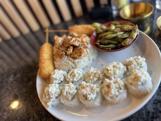 Build your own Bento Box lunch option  Roll + Edamame (spicy) + steamed rice  + teriyaki chicken