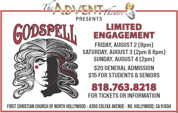 FCCNH celebrates 100 years with The Advent Theatre's production of the musical GODSPELL. Aug 2-4 2024