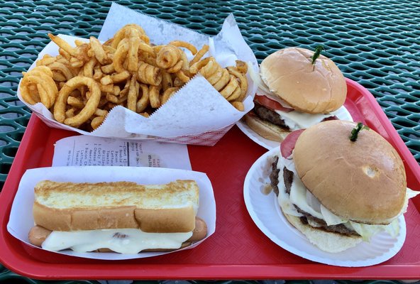 Burgers, hot dogs, and cheese dog. Skip the food and just go for the soft serve ice cream.