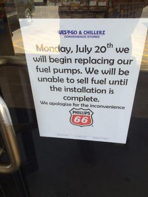 On 20th this station switches to Phillips 66.  No gas sales for a few days.