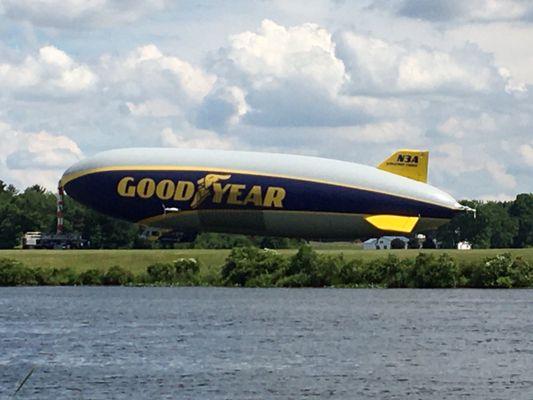 The Goodyear blimp docks near Wingfoot Lake State Park.