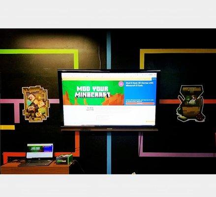 Learn to mod with Minecraft!! and our code room Looks cool with a big screen TV.