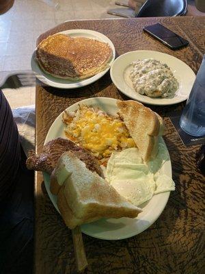 Single pancake, Sm order of biscuits & gravy, and steak & eggs w/ cheese & onion hash browns - the best we can recall - all of it!