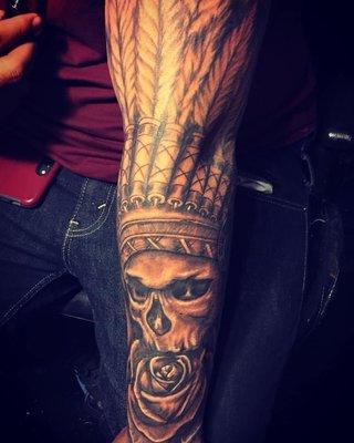 Indian headdress skull tattoo by G.K.  (freehand)