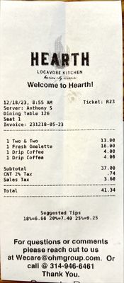 Hearth Locavore Kitchen receipt