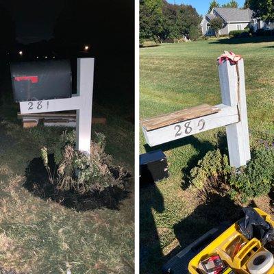 Pickup truck hit this mailbox had to be custom made to fulfill HOA requirements.