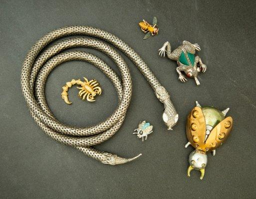 Insect and Reptilian brooches, rings, necklaces and more to be sold April 20-30, 2020 during Online Jewelry Auction