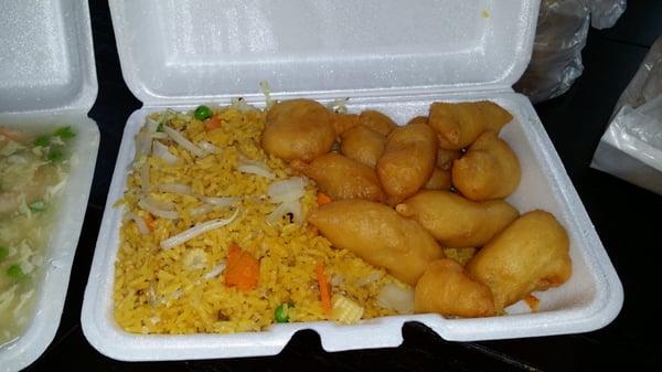 Sweet and Sour Chicken lunch special with vegetable fried rice.  Chicken had a strange after taste.  Egg Roll was great.