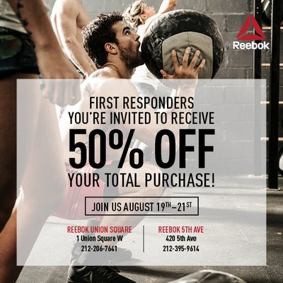 hello first responders , Reebok is inviting you to receive50% off your total purchase. friends and family with the flyer ...