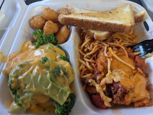 Cheesy Broccoli, corn nuggets, Baked Speghetti