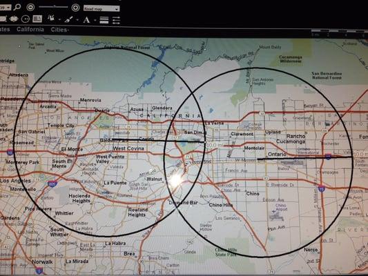 10 mile radius for Private Party Impounds. Left circle Vehicles to West Covina Tow Yard, Right Circle Vehicles to Ontario office