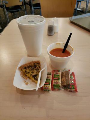 Light early lunch. Bacon mushroom quiche, and tomato basil soup, and diet Coke