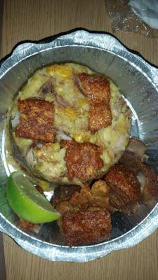 Mofongo de chicharones (pork cracklings)