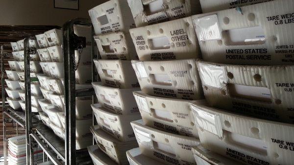 Each tray of mail holds between 200 and 700 pieces of mail.