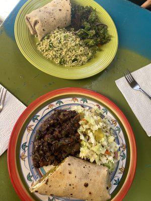 Black beans, dill salad, kale salad & green quinoa. Wrap was curry quinoa, sweet potatoes and other yummy stuff.