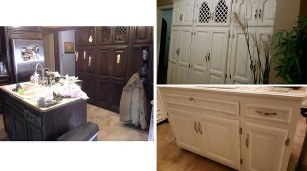 Roslyn, NY. Detail before and after of kitchen cabinets re-finishing.