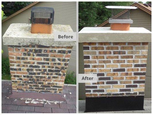 Before and after of  chimney take down to roof level and rebuild