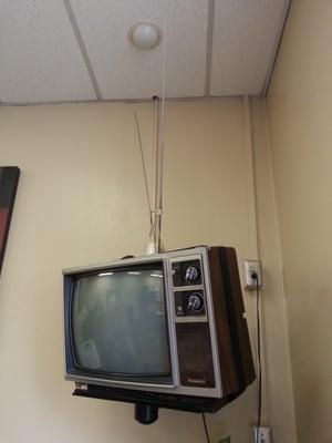 The television in the Teachers Lounge is an antique.