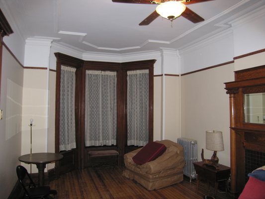 We skim coated walls and ceiling, repaired plastered molding painted walls ceiling, refinish woodwork