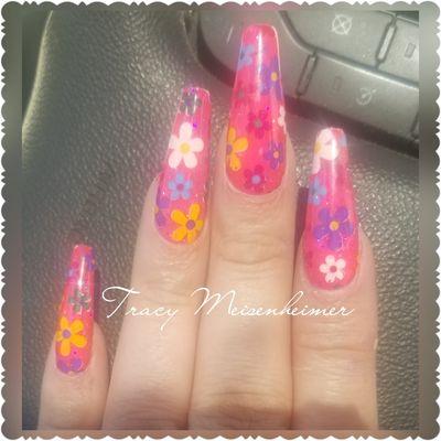 Hot pink Jelly nails with flower foils