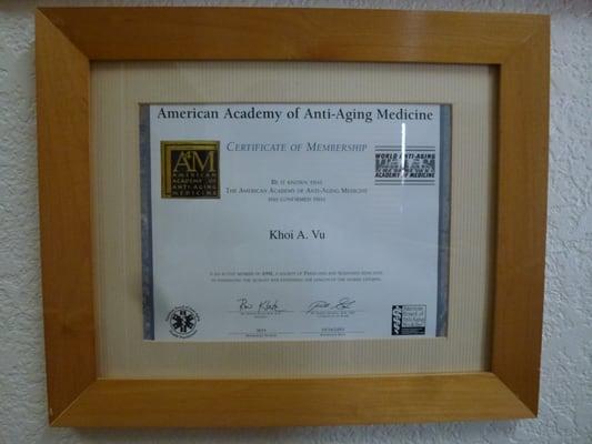 Membership certificate from the American Academy of Anti-Aging.